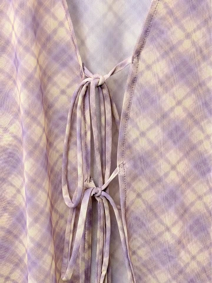 ZARA Purple Plaid Mesh Tie Front Bell Sleeve Top - Small - photo 4