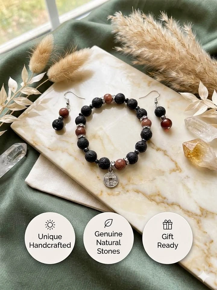 Handcrafted Natural Stone Bracelet + Earrings Set