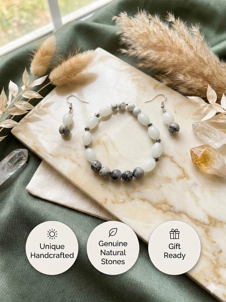 Handcrafted Natural Stone Bracelet + Earrings Set - photo 3