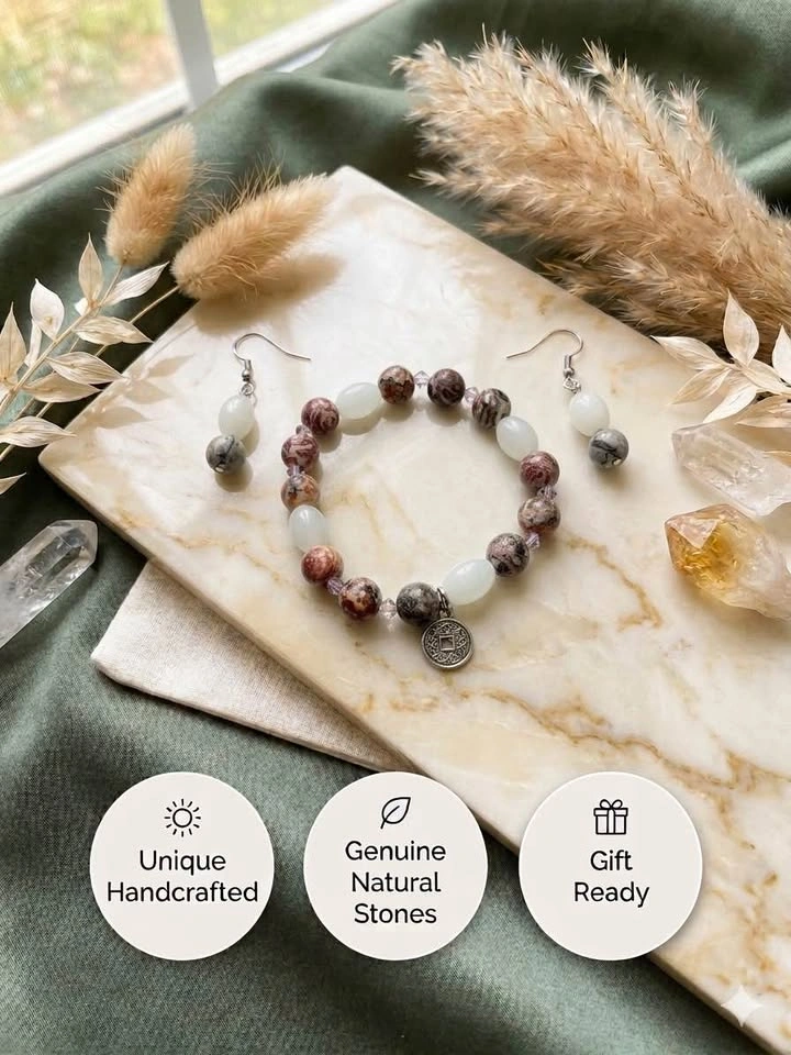 Handcrafted Natural Stone Bracelet + Earrings Set - photo 5