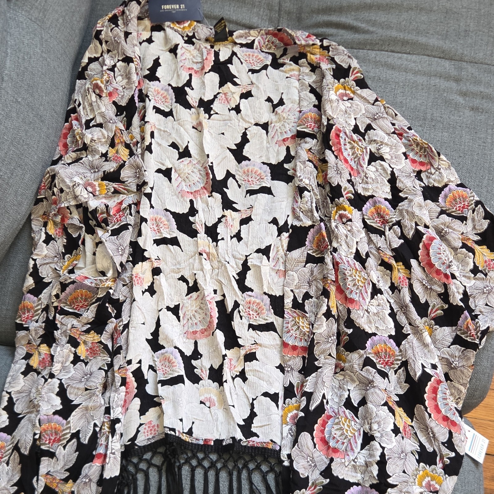 Forever 21 Floral Kimono Jacket S/M Fringe Accents