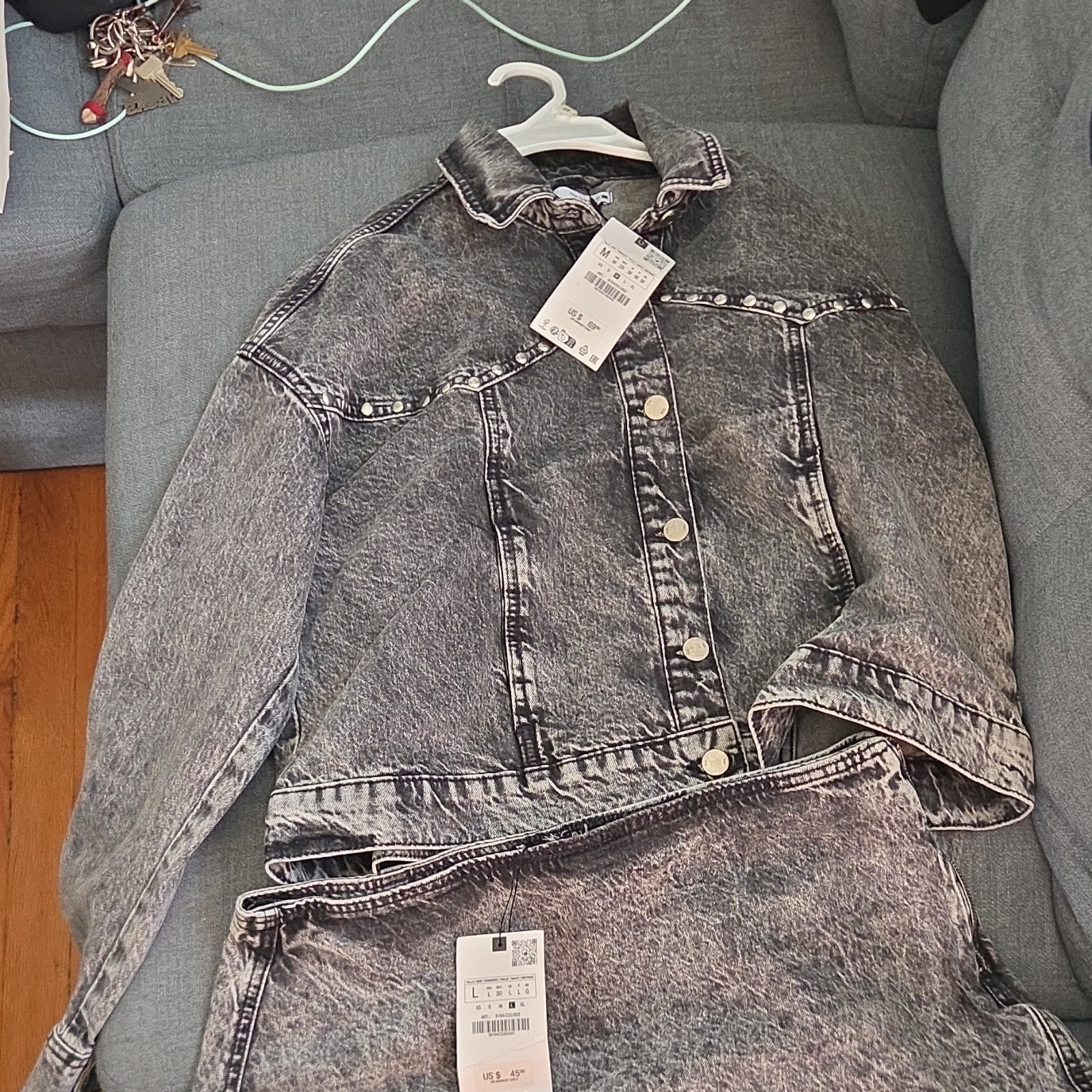ZARA Women's Gray Denim Jacket and Skirt Set - Size M