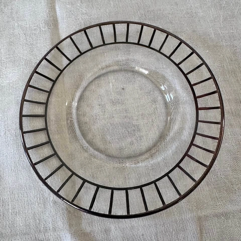 Vintage Art Deco Small Glass Plate with Silver Overlay