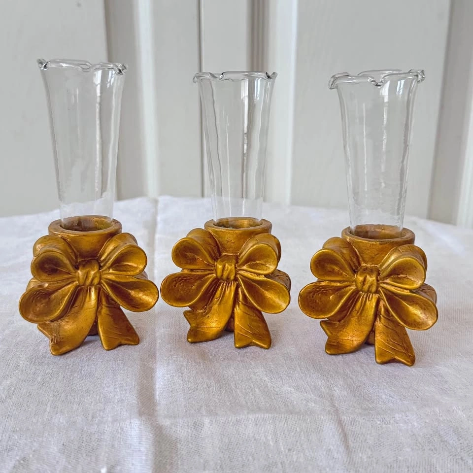 Three cute gold bow bud vases