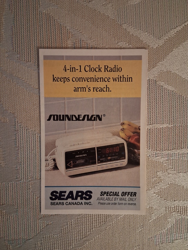 Vintage 1989 Sears Soundesign 4-in-1 Clock Radio Order Form Ad