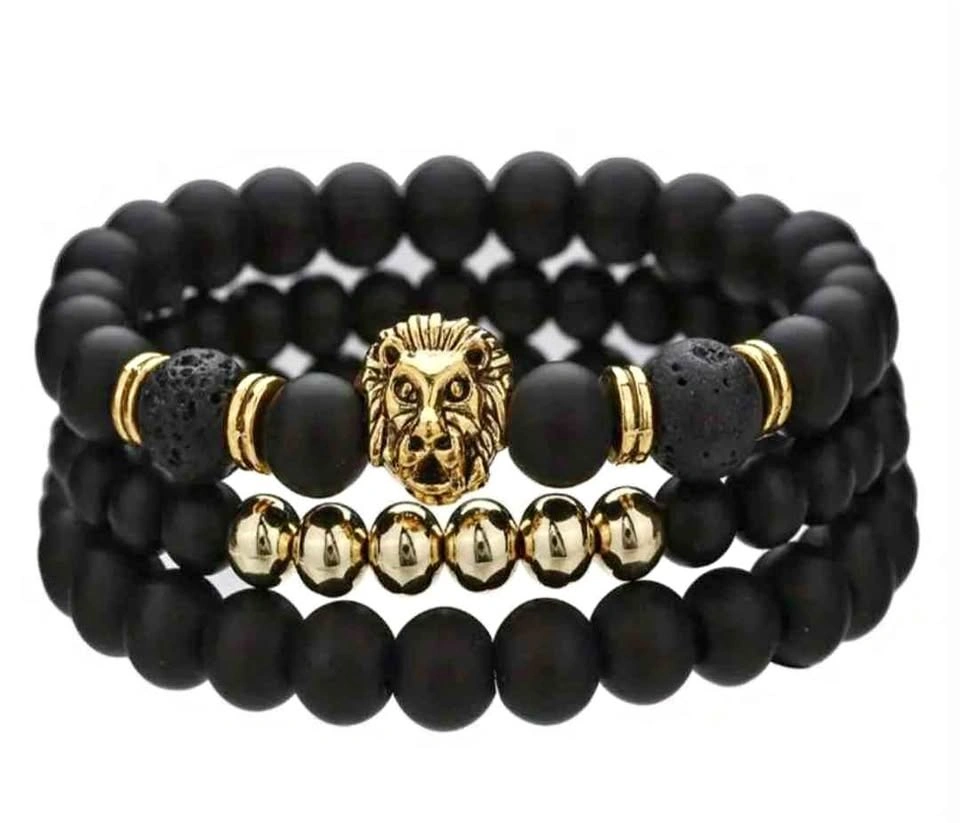 Black Matte Natural Stone Bead Bracelet Set with Lion Head
