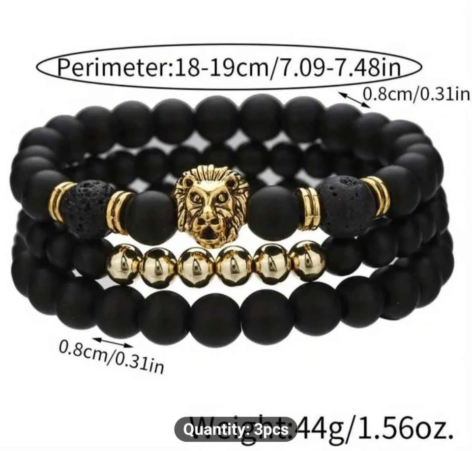 Black Matte Natural Stone Bead Bracelet Set with Lion Head - photo 2