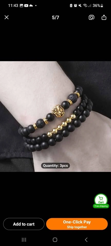 Black Matte Natural Stone Bead Bracelet Set with Lion Head - photo 3