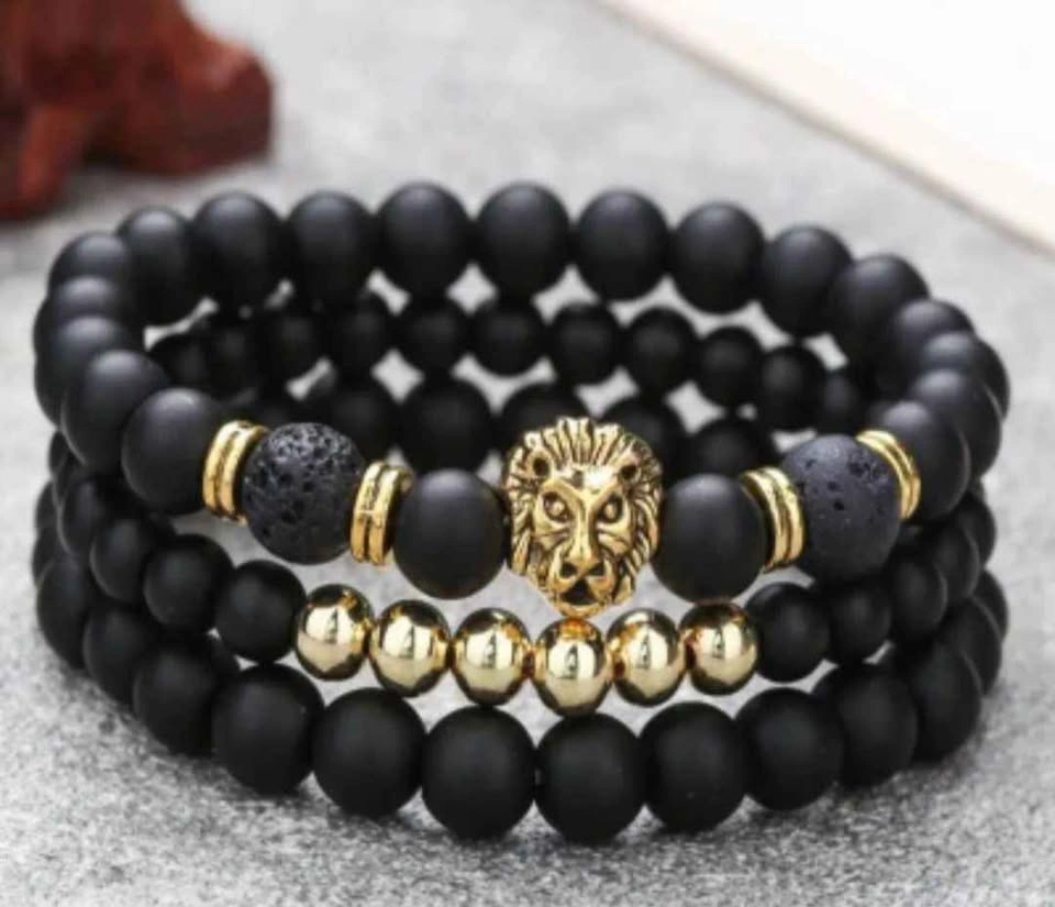 Black Matte Natural Stone Bead Bracelet Set with Lion Head - photo 4