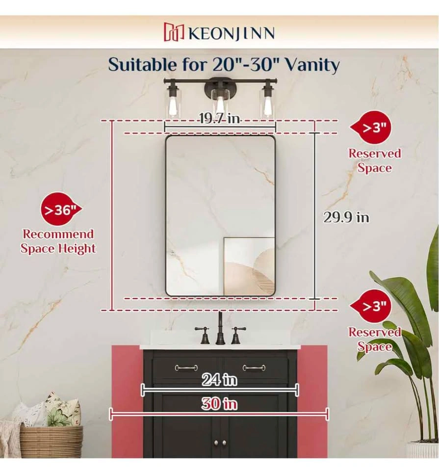 Keonjinn 20"x30" Black Rim Mirror Metal Frame HD Tempered Glass - photo 2