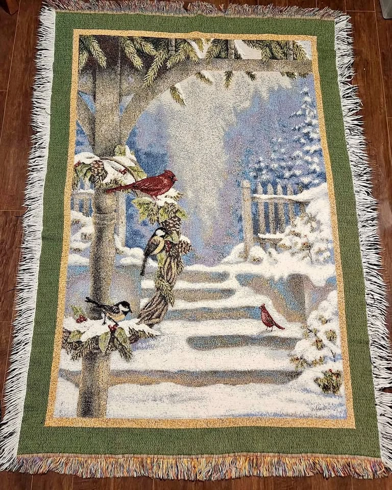 Vintage Winter Birds Tapestry Throw Blanket, 73x51"