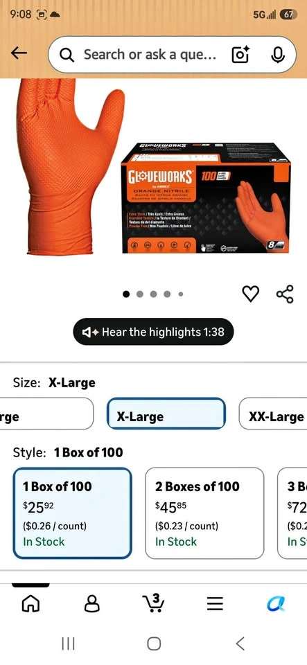 GLOVEWORKS Orange Nitrile Gloves 100 Count X-Large