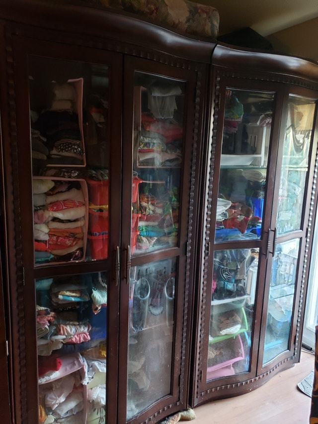 2 Large Wood Display Cabinets with Glass Shelves