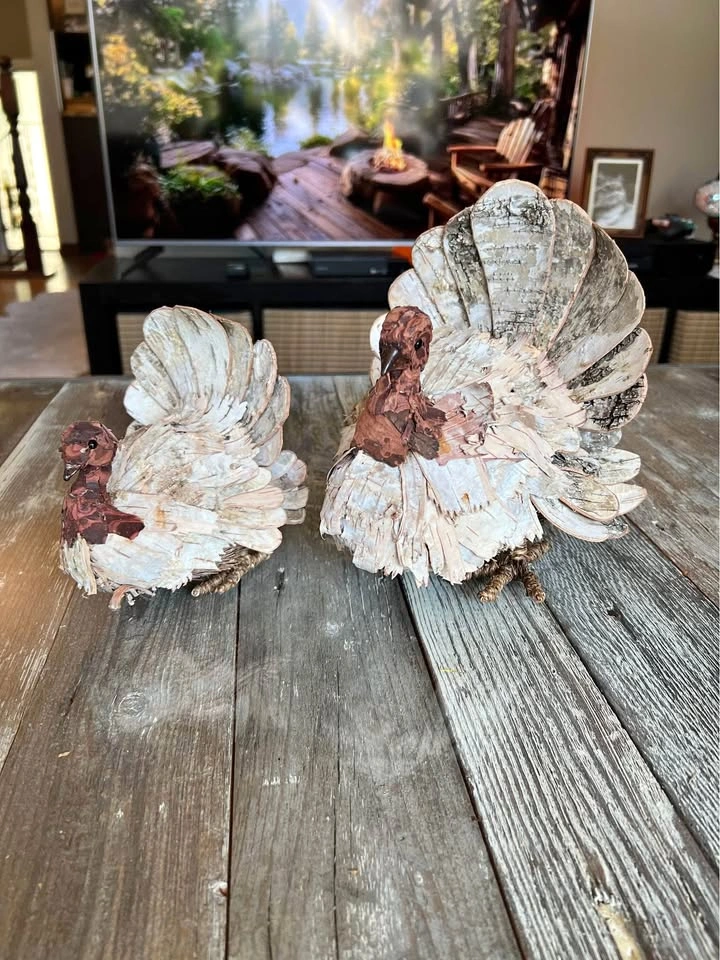 Handmade Birch Bark Turkey Figurines – Rustic Decor