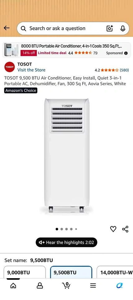 TOSOT 9,500 BTU Portable AC, Fan, Dehumidifier