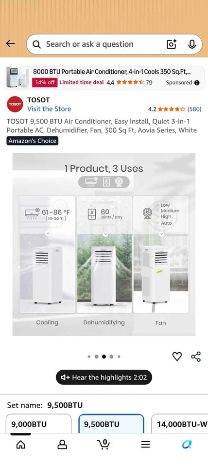 TOSOT 9,500 BTU Portable AC, Fan, Dehumidifier - photo 4
