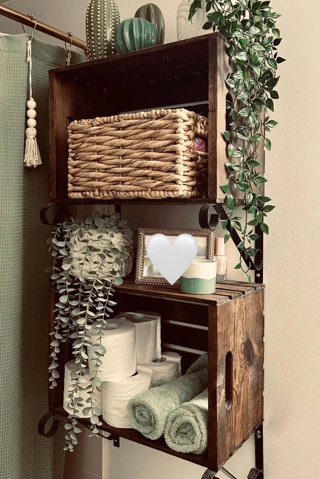 Custom Stained Wooden Crate Shelves w/ Vintage Brackets - photo 2