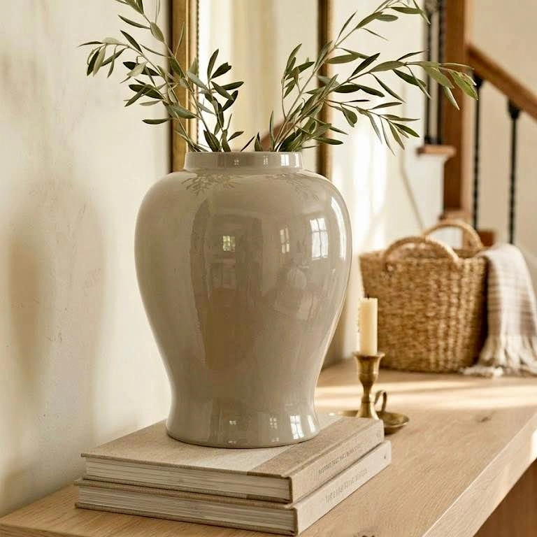 Minimalist Taupe Ceramic Vase, 13"