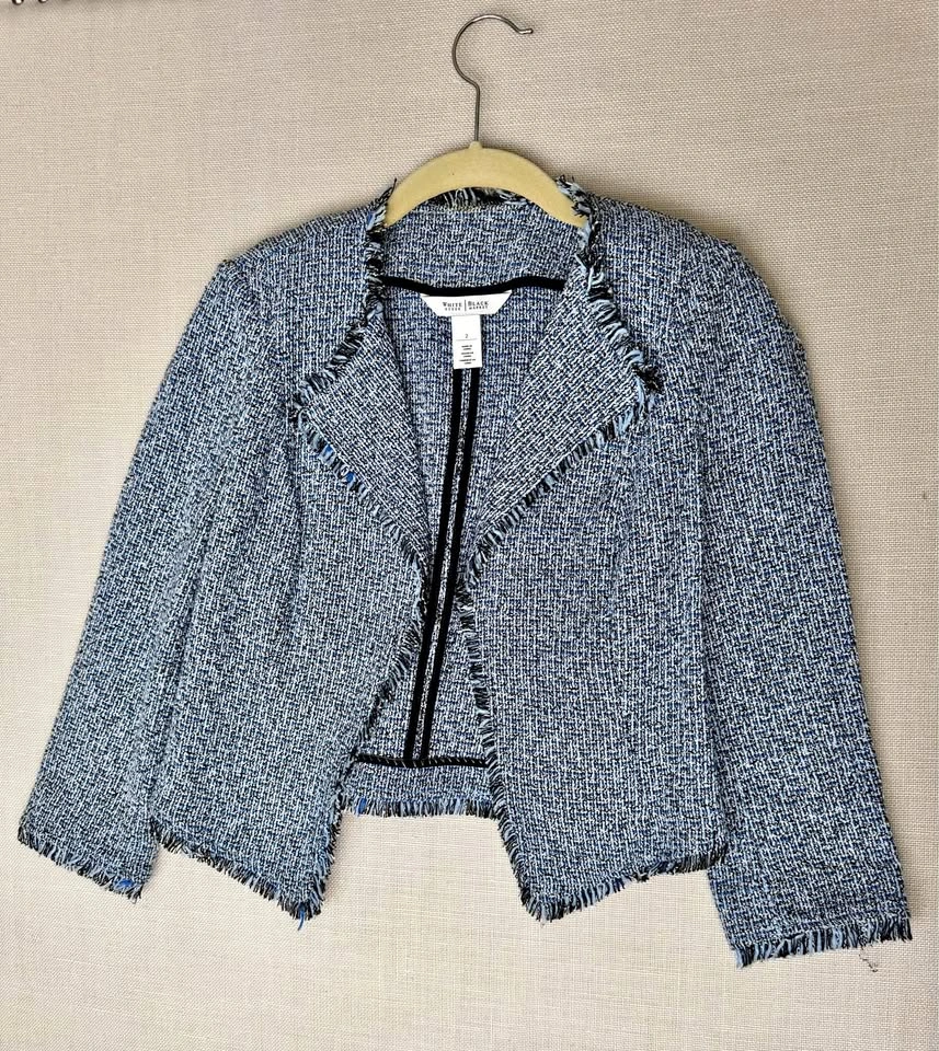 Blue Tweed Cropped Jacket with Fringe | White House Black Market