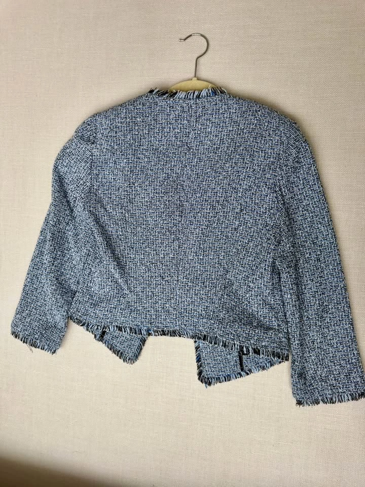Blue Tweed Cropped Jacket with Fringe | White House Black Market - photo 2