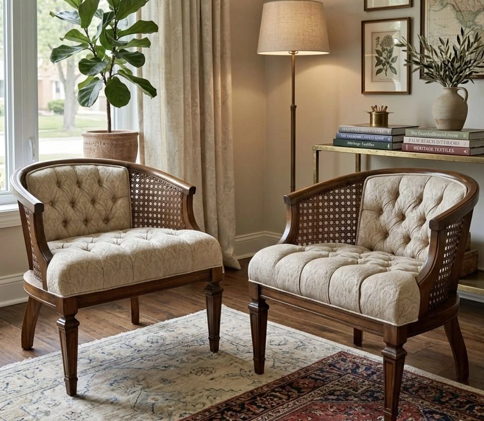 Tufted Cane Lounge Chairs Pair • Vintage Barrel Accent Chairs