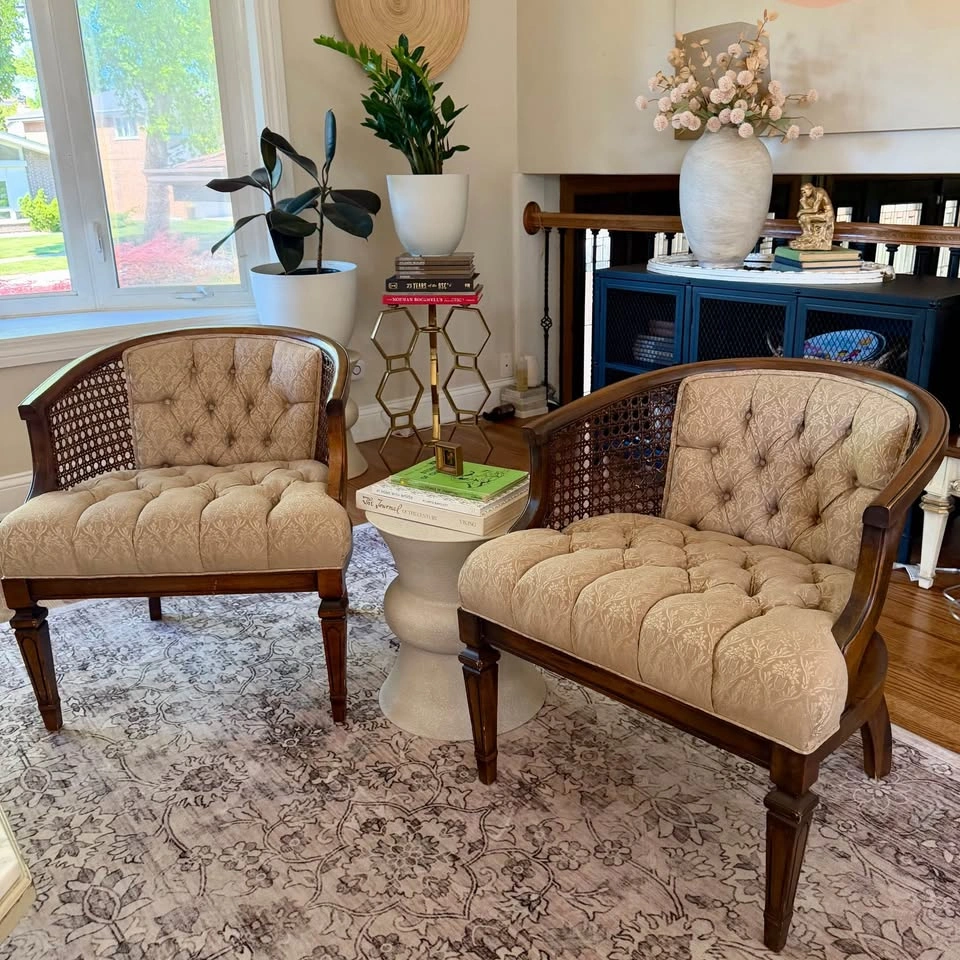 Tufted Cane Lounge Chairs Pair • Vintage Barrel Accent Chairs - photo 2