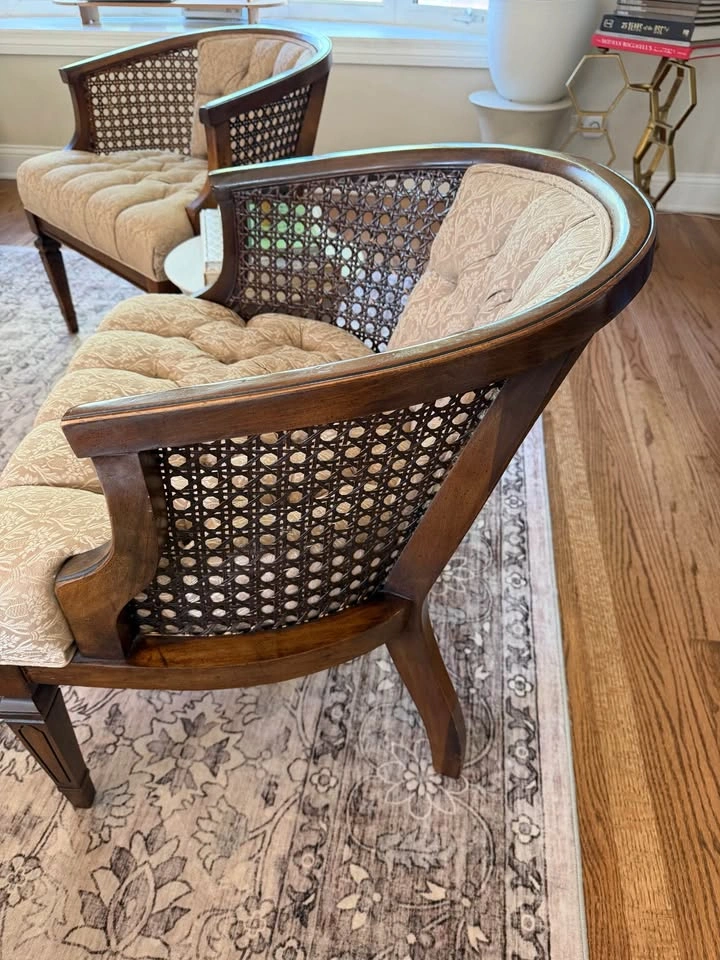 Tufted Cane Lounge Chairs Pair • Vintage Barrel Accent Chairs - photo 3