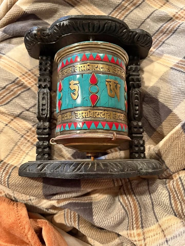 Tibetan Prayer Wheel Carved Wood Turquoise