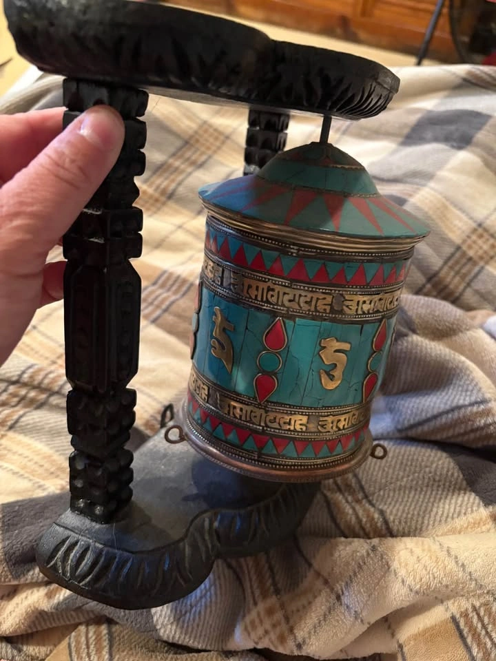 Tibetan Prayer Wheel Carved Wood Turquoise - photo 2
