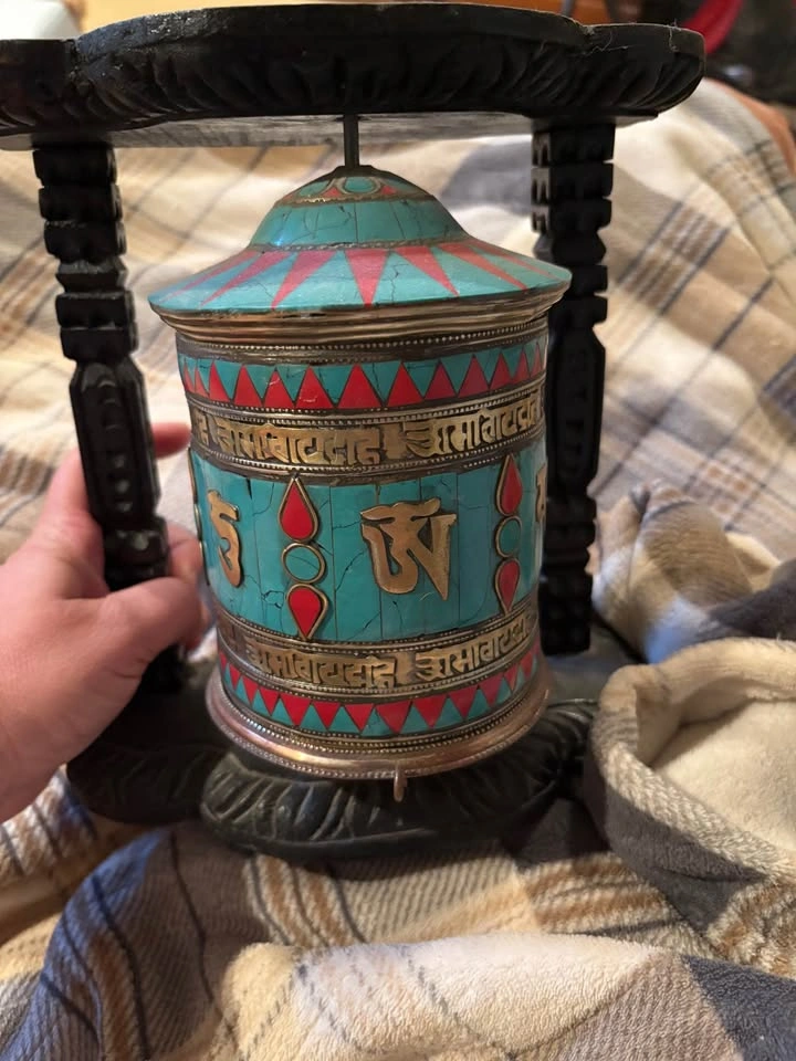 Tibetan Prayer Wheel Carved Wood Turquoise - photo 3