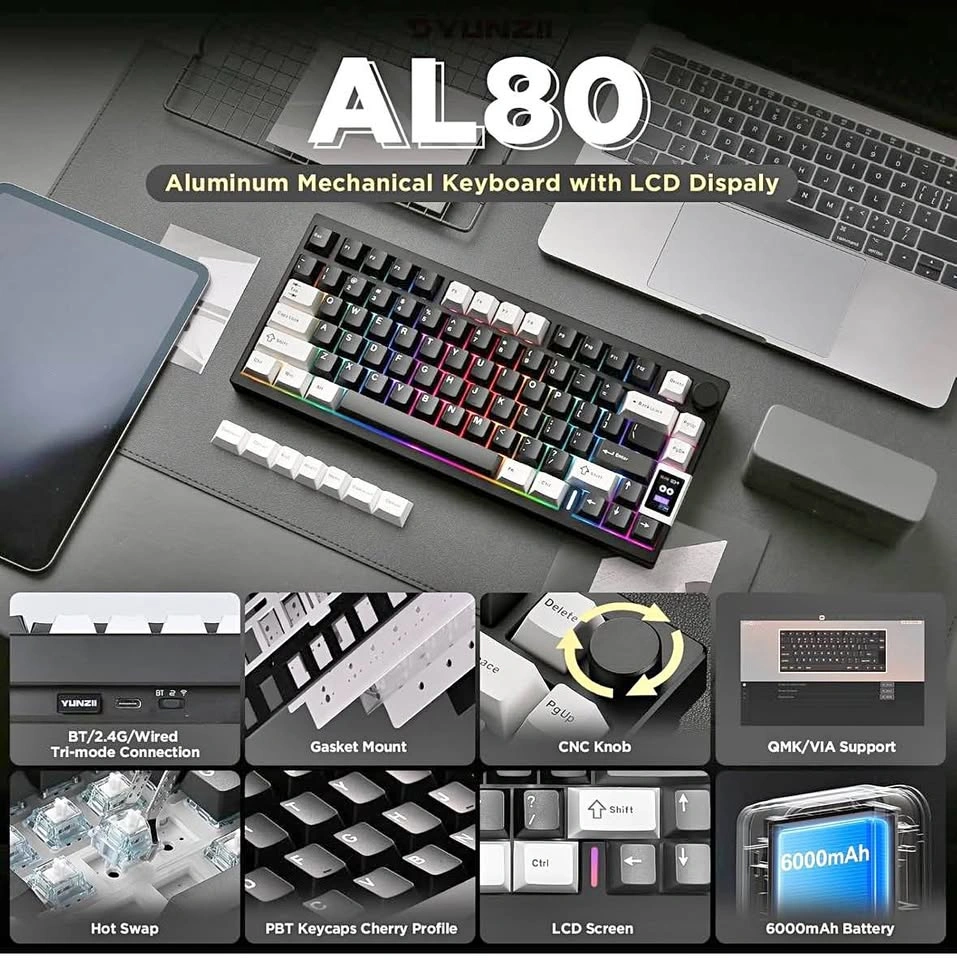 YUNZII AL80 Wireless Mechanical Keyboard, Aluminum, LCD, Knob
