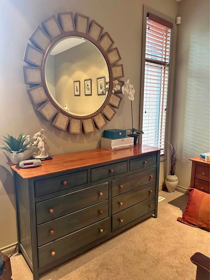 Dark Green Dresser with Natural Wood Top, Mirror and Accent Chai