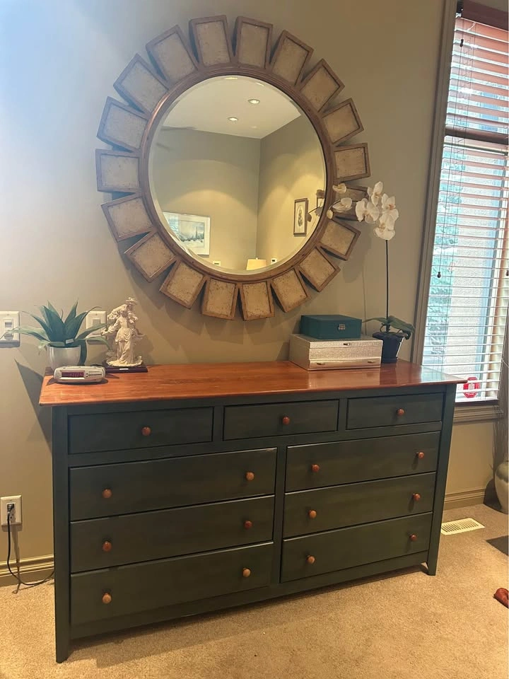 Dark Green Dresser with Natural Wood Top, Mirror and Accent Chai - photo 2