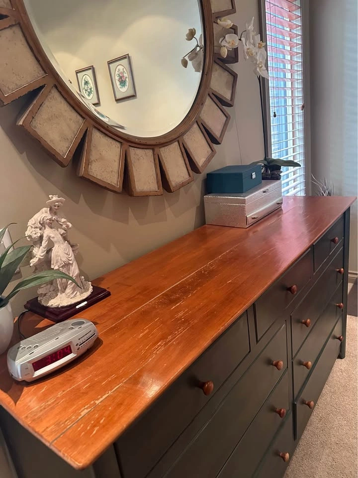 Dark Green Dresser with Natural Wood Top, Mirror and Accent Chai - photo 3