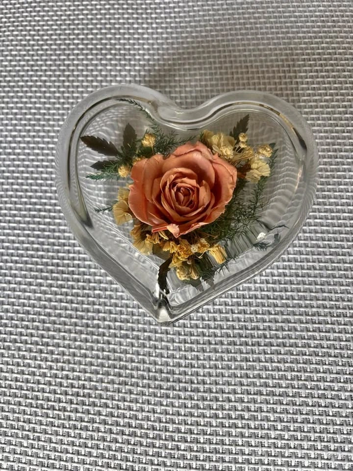 Freeze-Dried Rose in Glass Heart $25
