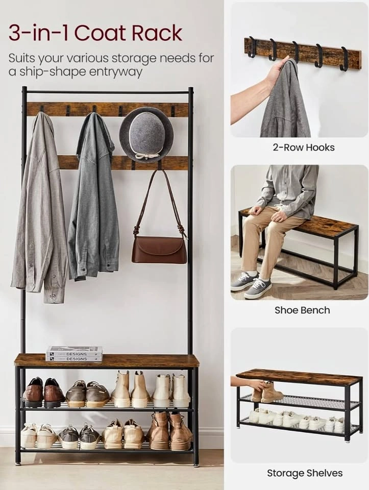 3-in-1 Entryway Coat Rack, Shoe Bench & Rack (Rustic Brown/Black