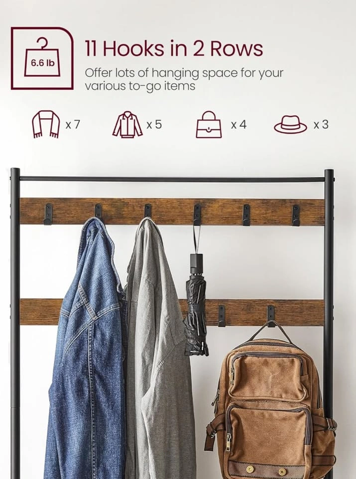 3-in-1 Entryway Coat Rack, Shoe Bench & Rack (Rustic Brown/Black - photo 2