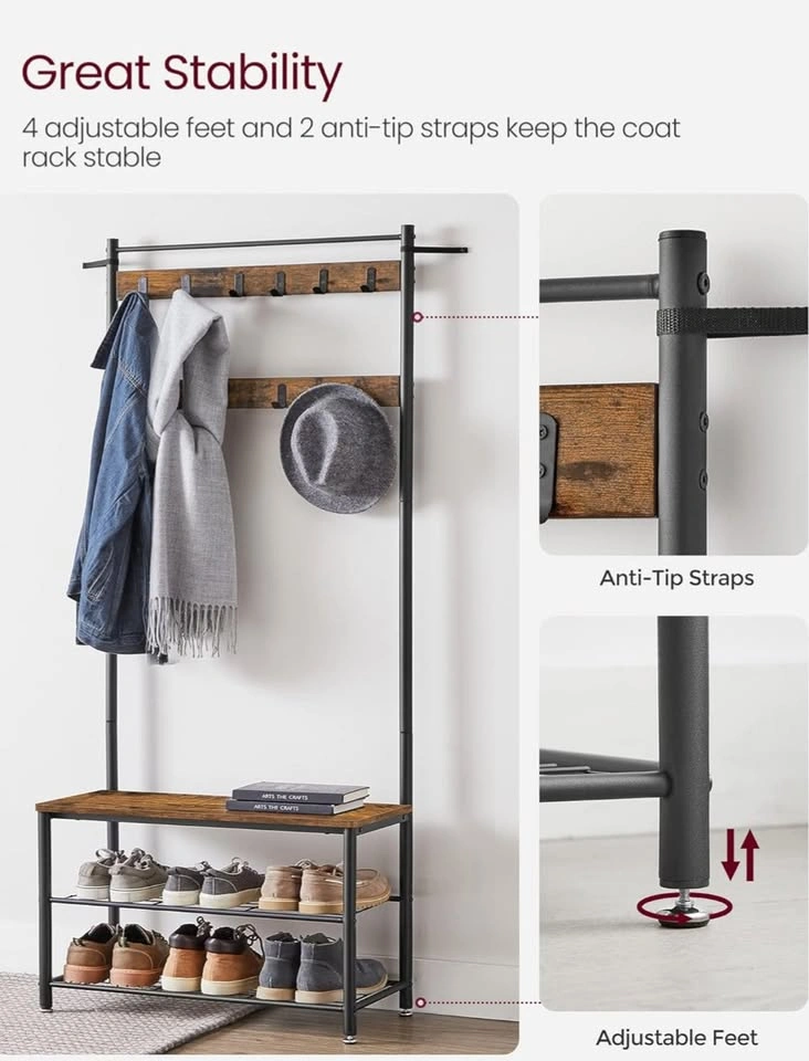 3-in-1 Entryway Coat Rack, Shoe Bench & Rack (Rustic Brown/Black - photo 3