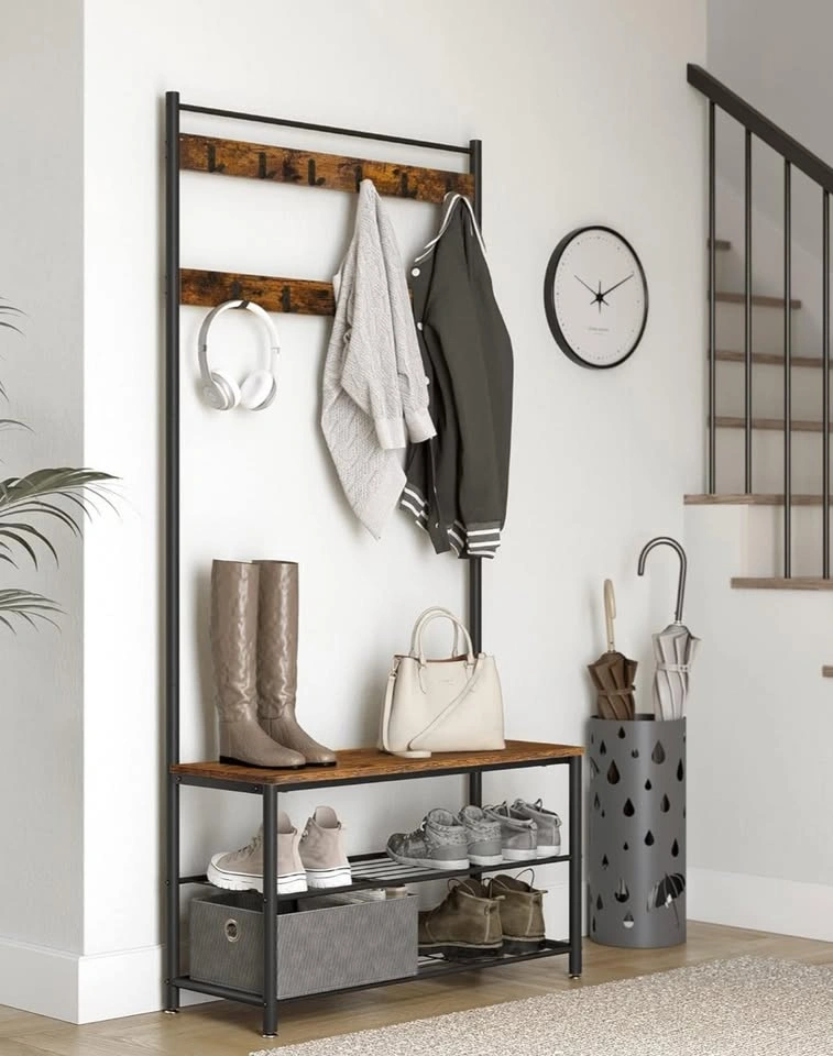 3-in-1 Entryway Coat Rack, Shoe Bench & Rack (Rustic Brown/Black - photo 4