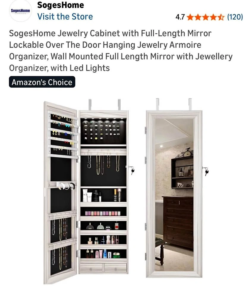 Jewelry Cabinet with Full-Length Mirror Lockable Over The Door H