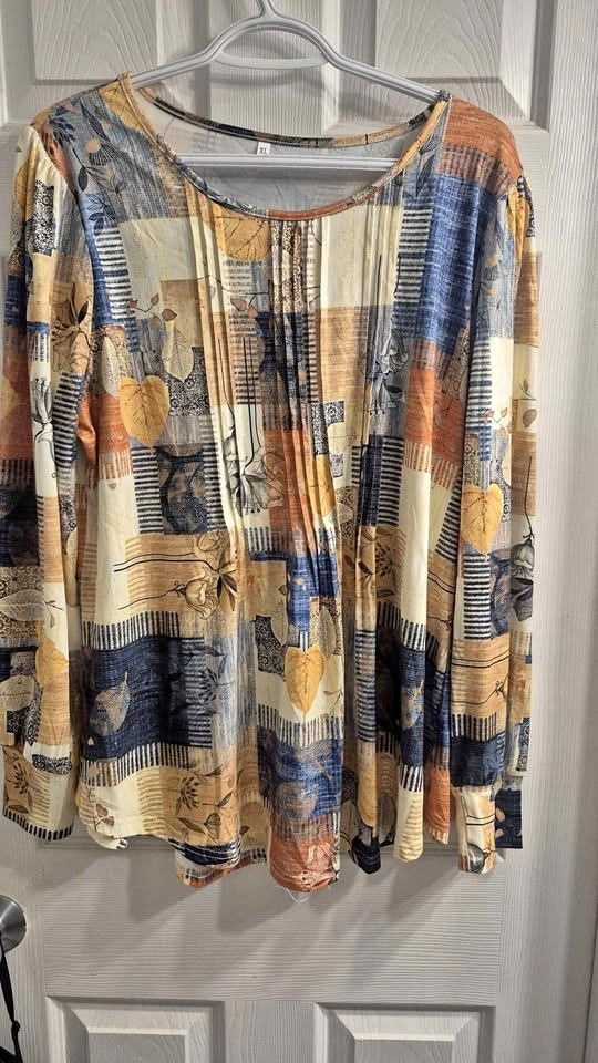 Women's XL Long Sleeve Patchwork Leaf Print Top