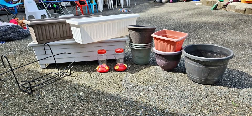 Planters and hummingbird feeders