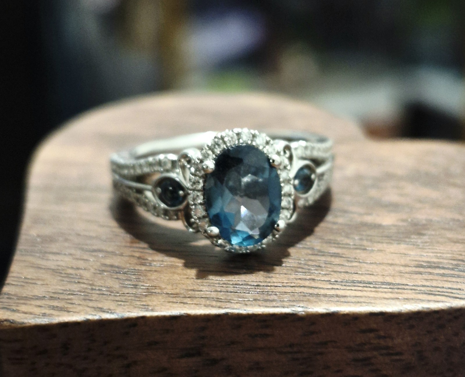 Blue Topaz & Diamond Engagement Ring in 14K White Gold