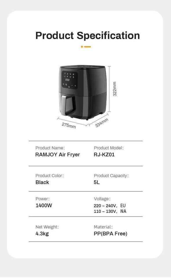 RAMJOY RJ-KZ01 5L Digital Touchscreen Air Fryer BRAND NEW - photo 3