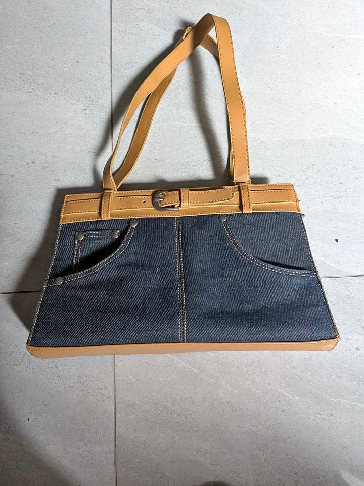 Vintage Denim and Tan Belted Shoulder Bag