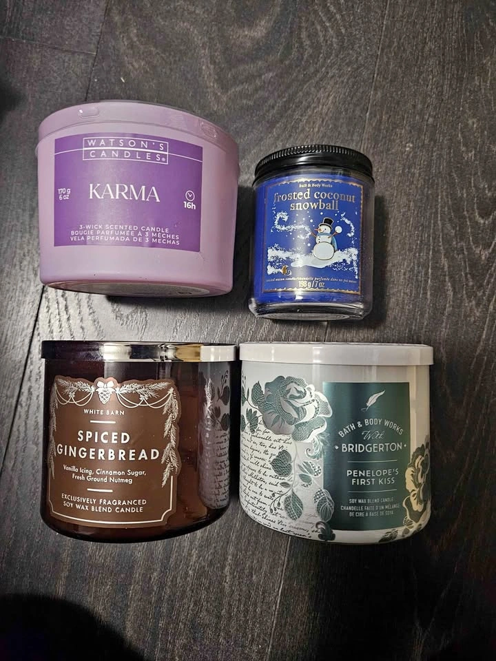 Four New Candles: Watson's Karma, Bath & Body Works, White Barn