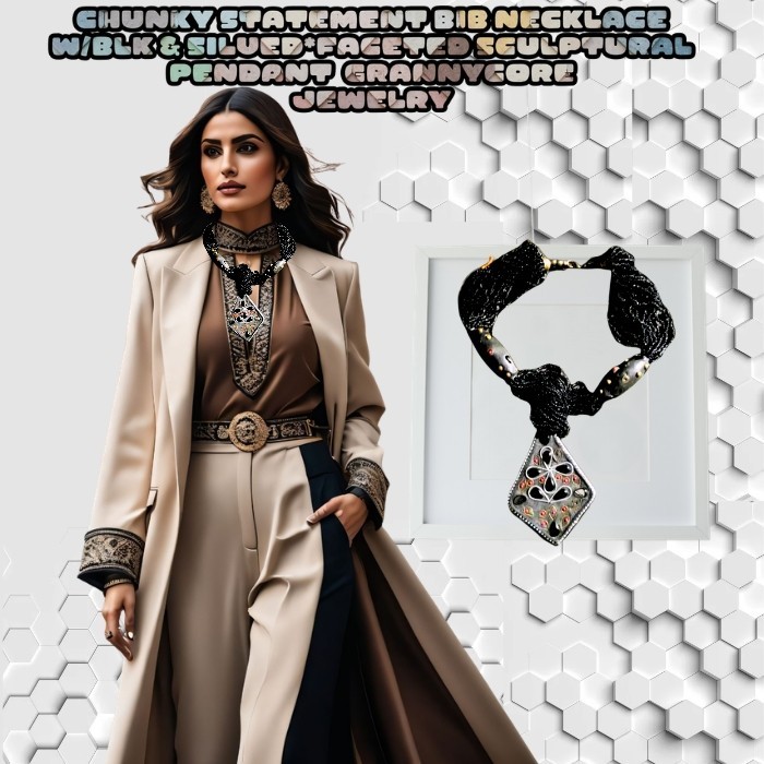 Chunky Statement Bib Necklace W/ Blk & Sil *Faceted Scuptural Pe