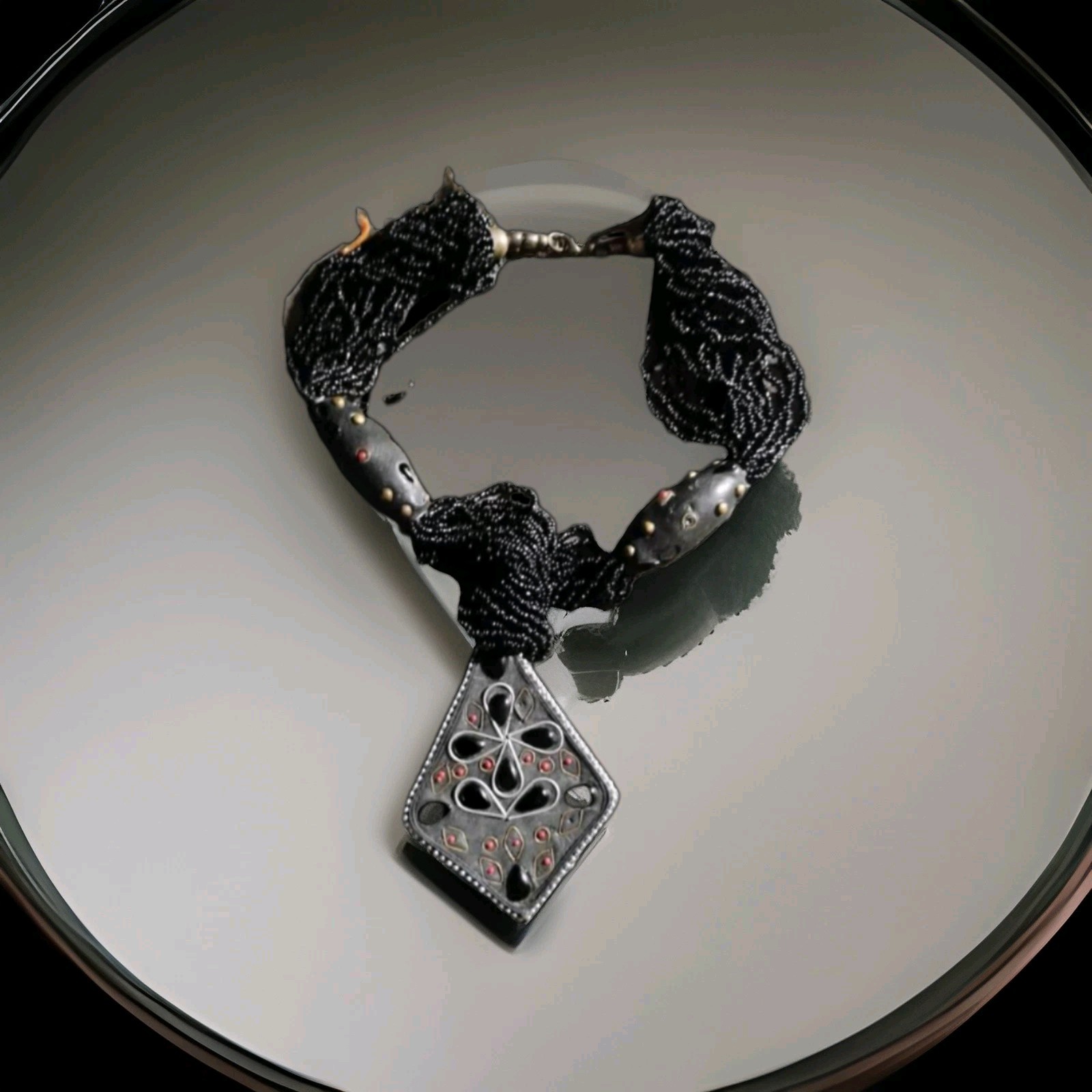 Chunky Statement Bib Necklace W/ Blk & Sil *Faceted Scuptural Pe - photo 3