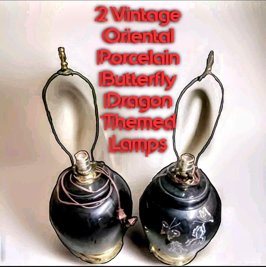 2 Vintage Black Porcelain Lamps - Asian Butterfly Dragon Art