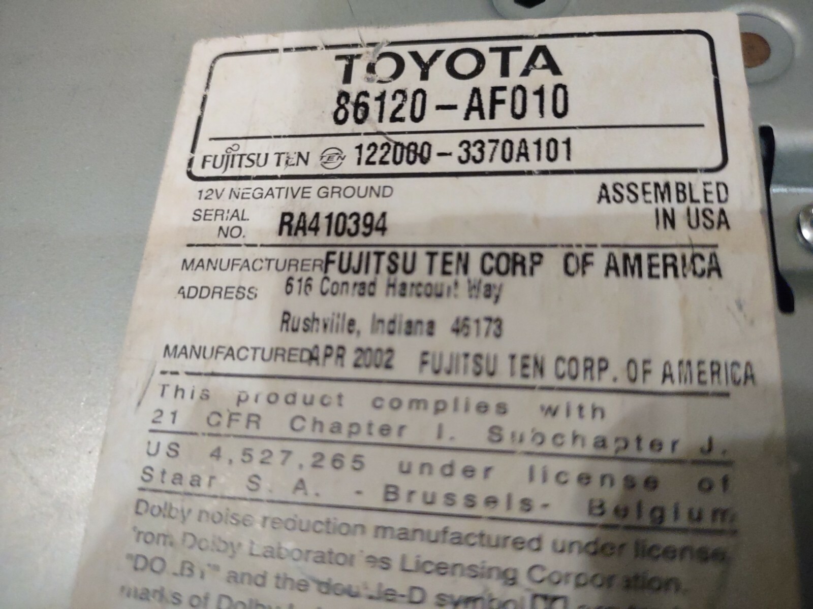 2017 Toyota RAV4 Factory Radio - Fujitsu Ten 86140-0R170 - photo 2